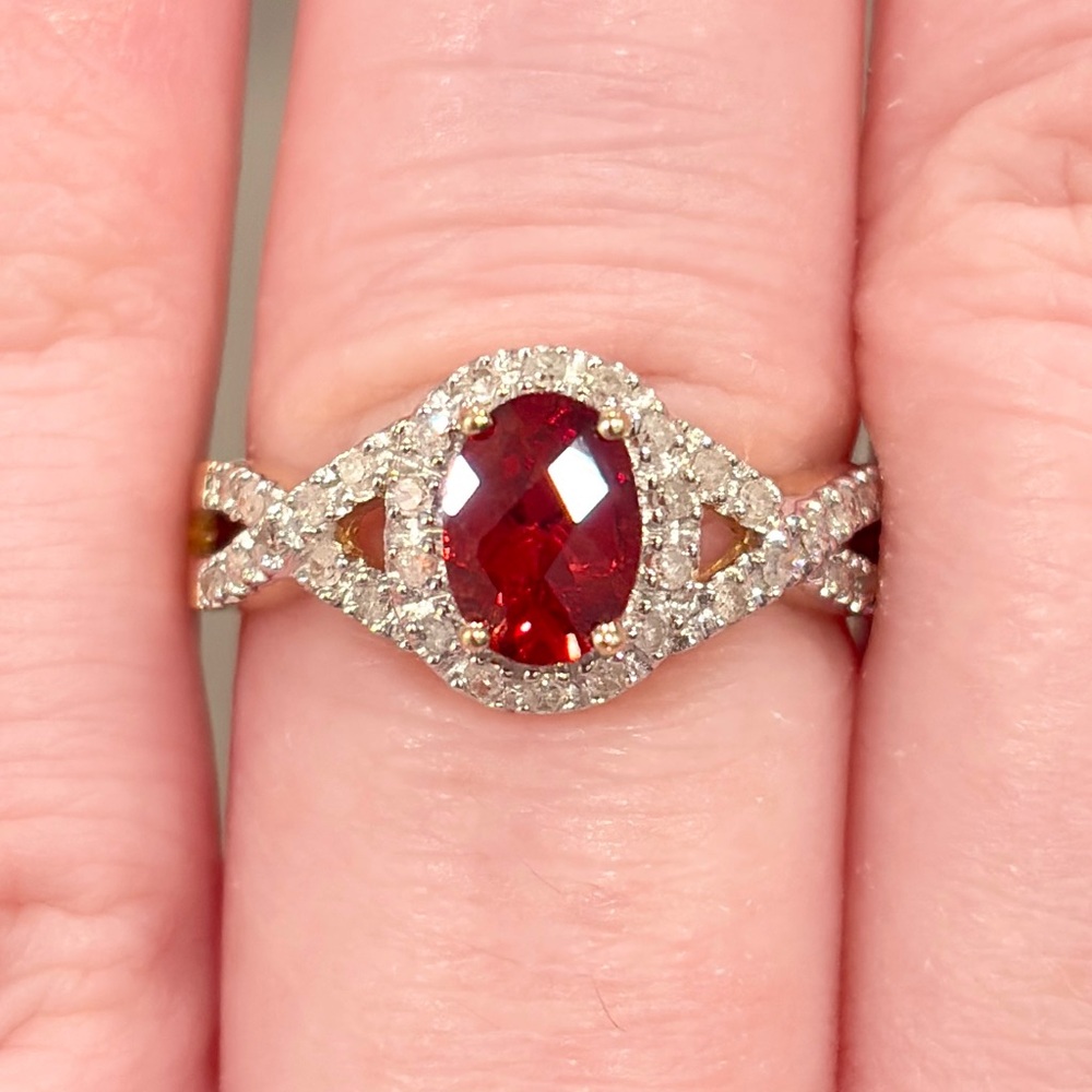 14K Madeira Citrine Diamond Ring Infinity Halo Vivid Red Orange, Oval Rose 6.25